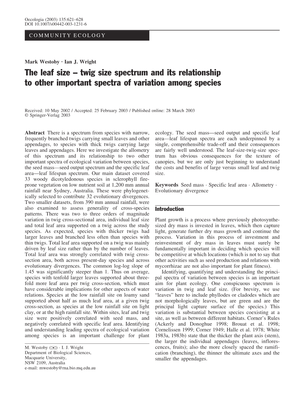 Twig Size Spectrum and Its Relationship to Other Important Spectra of Variation Among Species