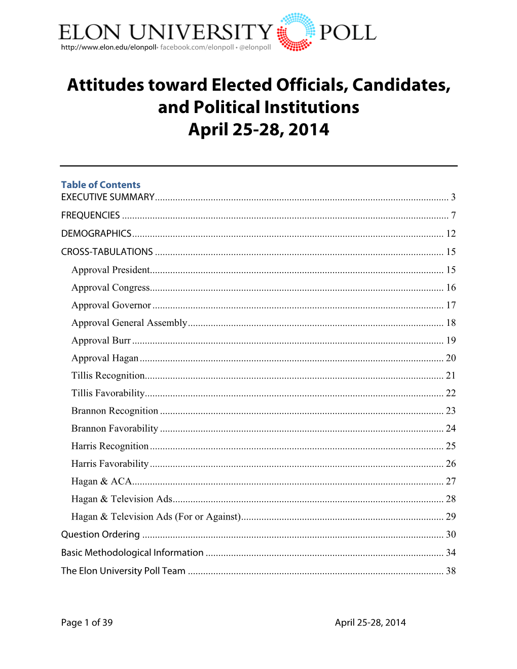 Attitudes Toward Elected Officials, Candidates, and Political Institutions April 25-28, 2014