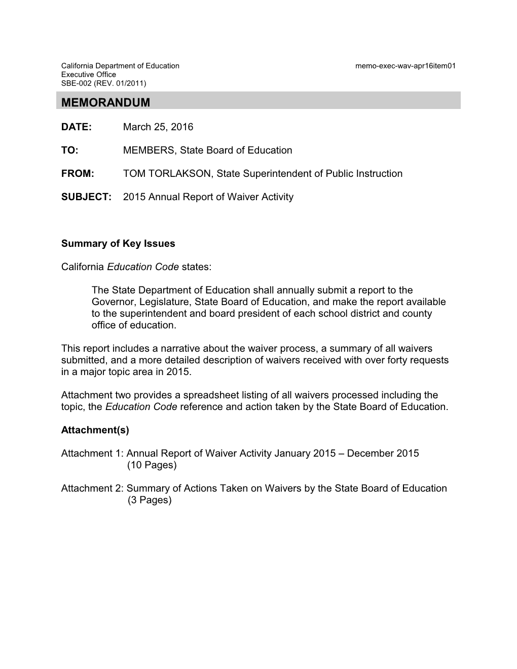 April 2016 Memo WAV Item 01 - Information Memorandum (CA State Board of Education)