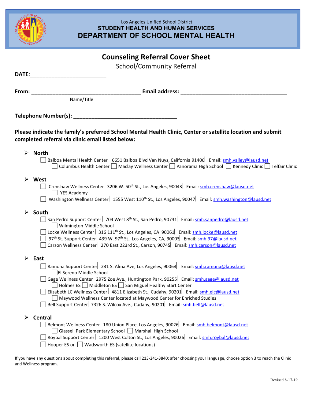 Clinic and Wellness Center School Referral Form (English)