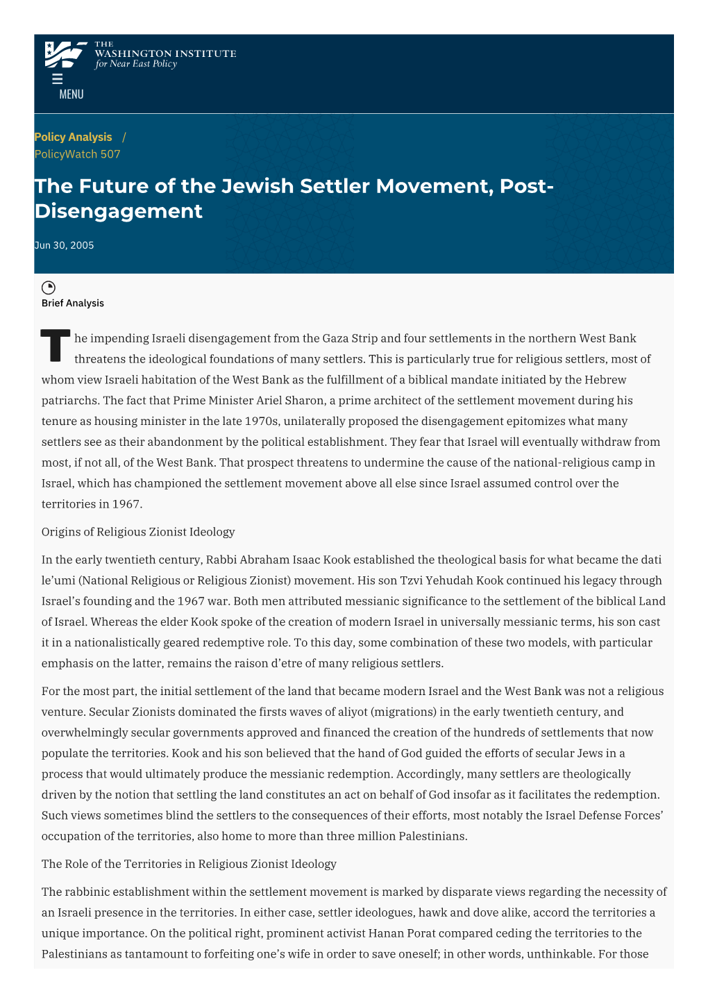 The Future of the Jewish Settler Movement, Post-Disengagement | the Washington Institute