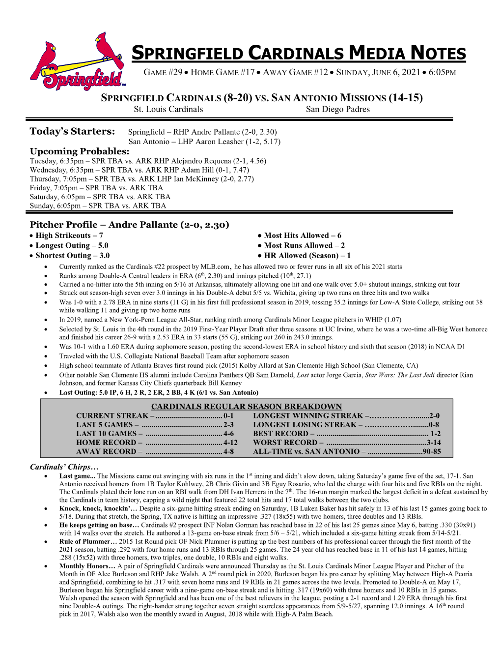 Springfield Cardinals Media Notes Game #29  Home Game #17  Away Game #12  Sunday, June 6, 2021  6:05Pm