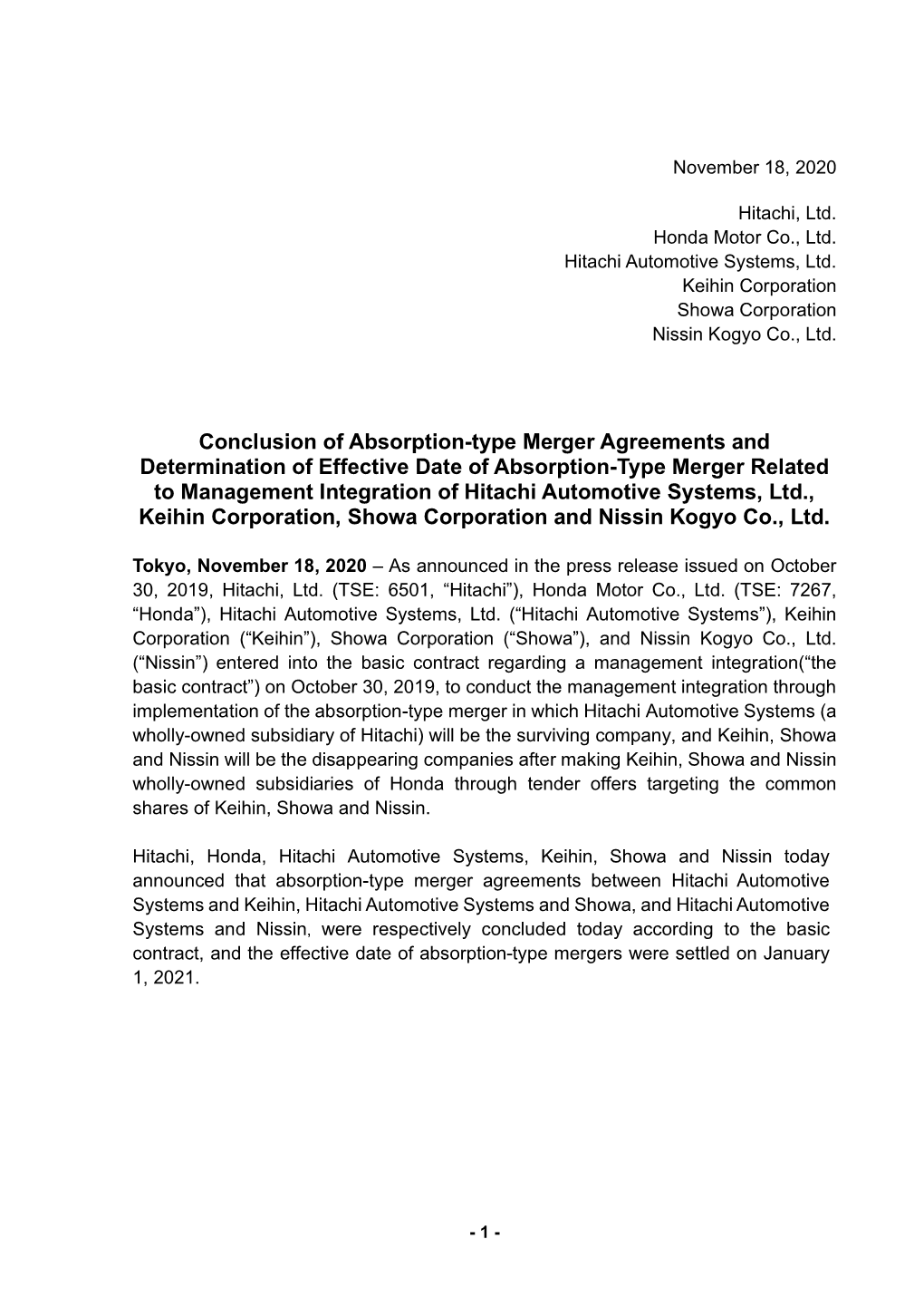 Conclusion of Absorption-Type Merger Agreements and Determination of Effective Date of Absorption-Type Merger Related to Managem