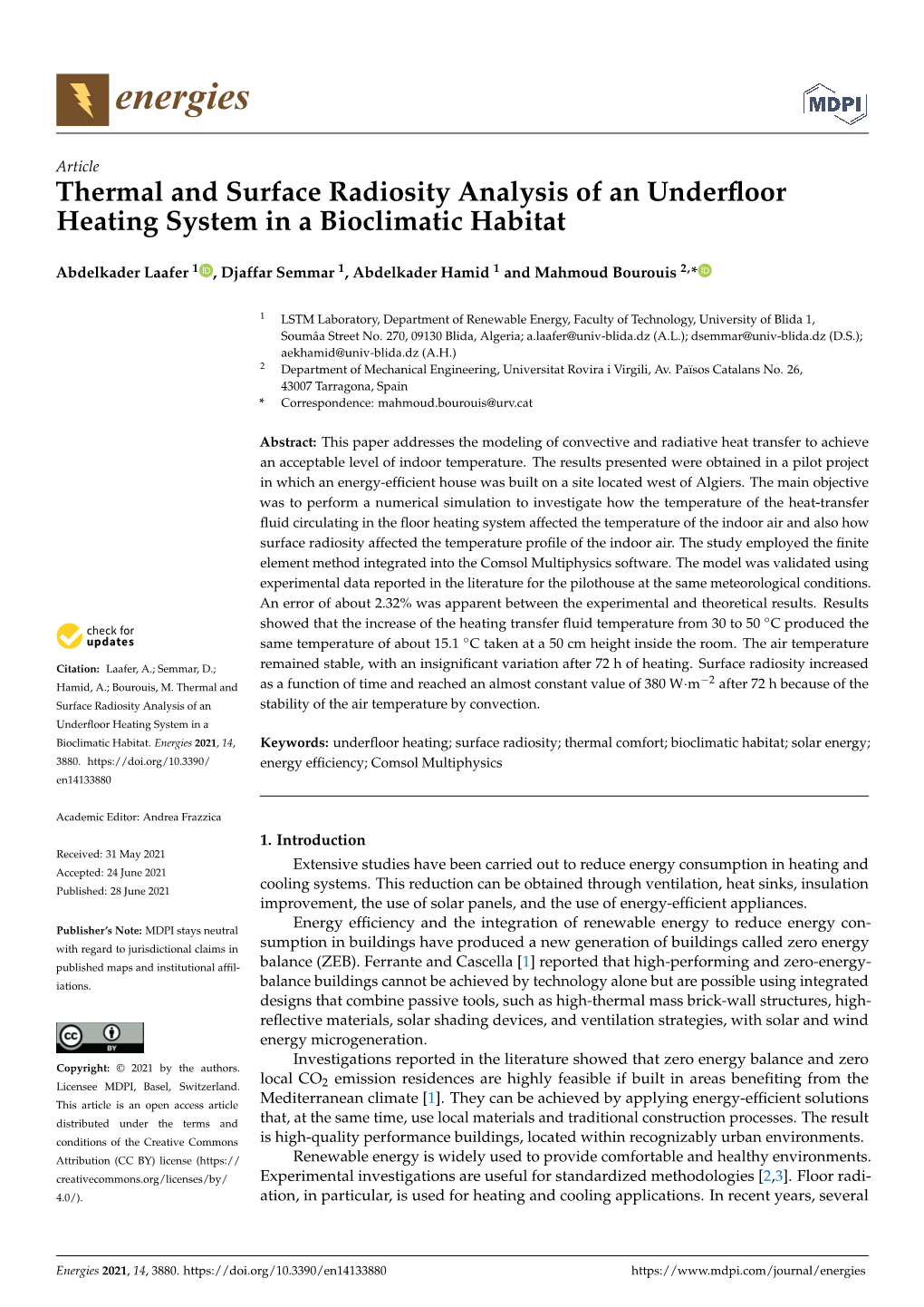 Thermal and Surface Radiosity Analysis of an Underfloor Heating