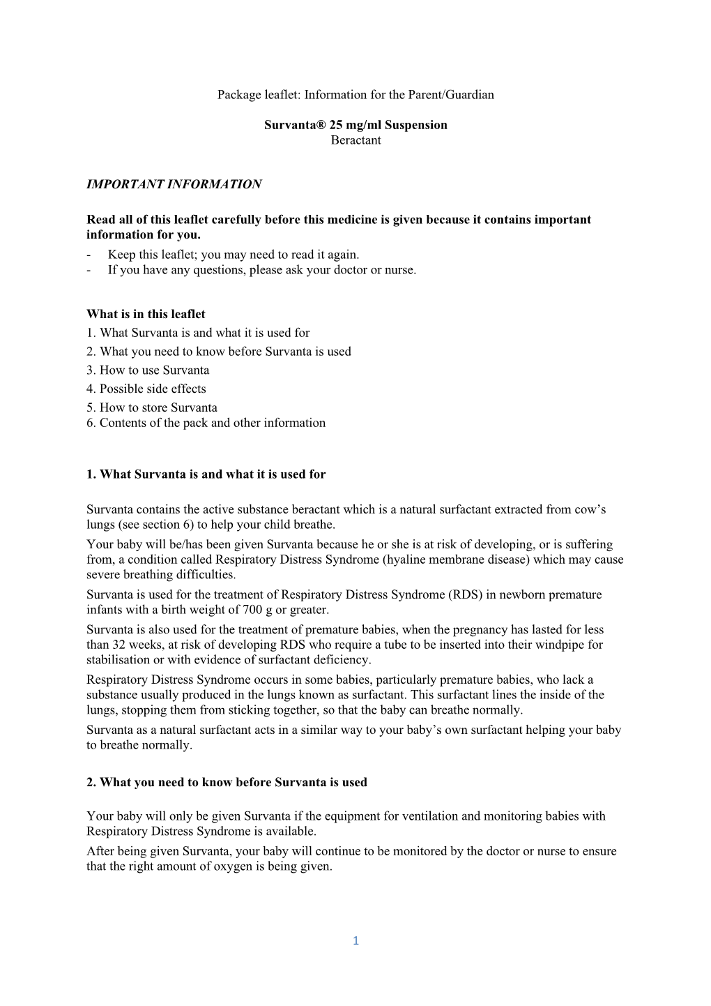 1 Package Leaflet: Information for the Parent/Guardian Survanta® 25 Mg