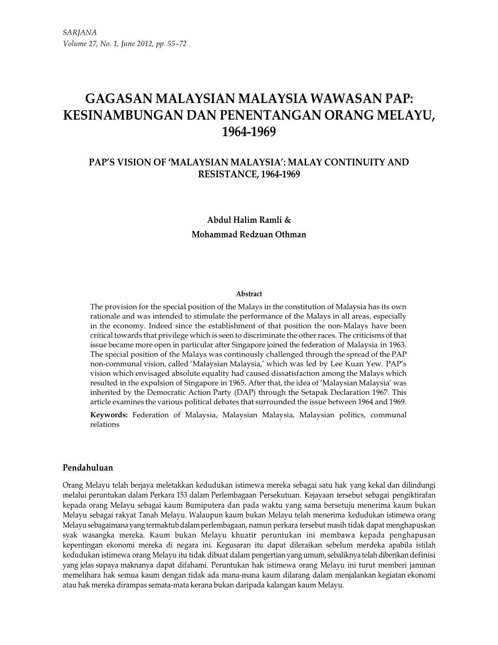 Gagasan Malaysian Malaysia Wawasan Pap: Kesinambungan Dan Penentangan Orang Melayu, 1964-1969