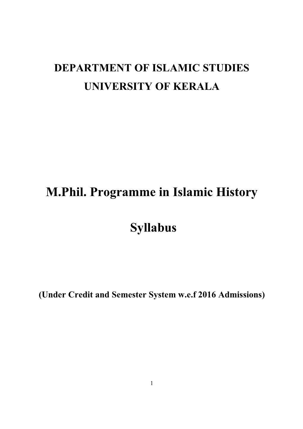 M.Phil. Programme in Islamic History Syllabus