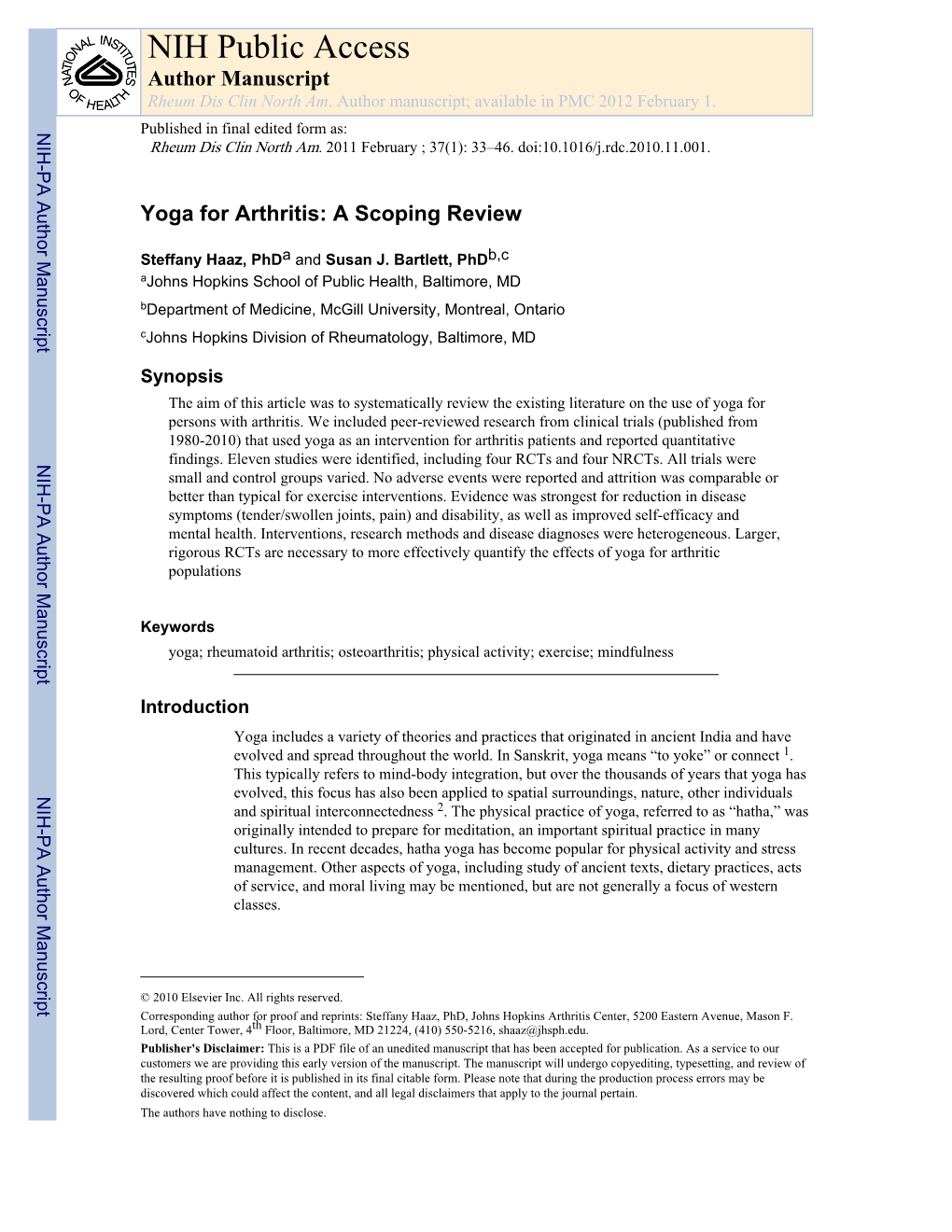 A Literature Review of Yoga for Arthritis