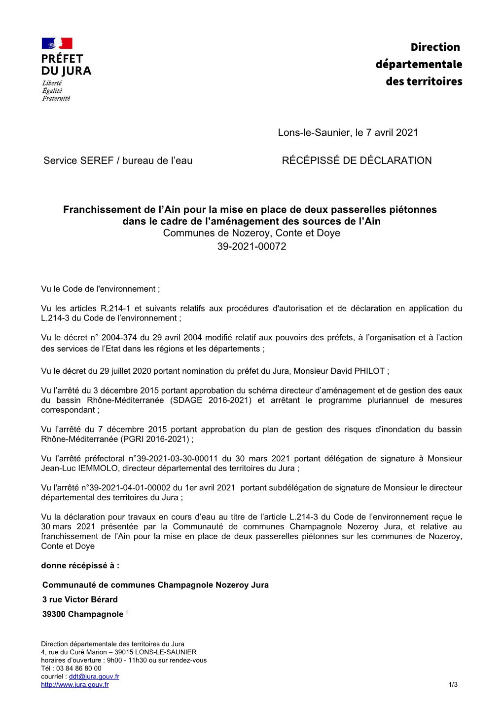 Récépissé De Déclaration N° 39-2021