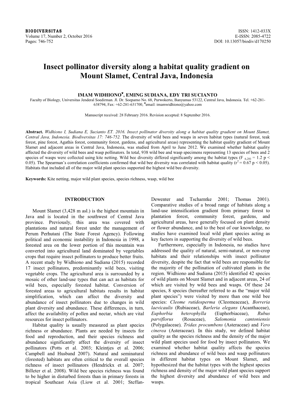 Insect Pollinator Diversity Along a Habitat Quality Gradient on Mount Slamet, Central Java, Indonesia