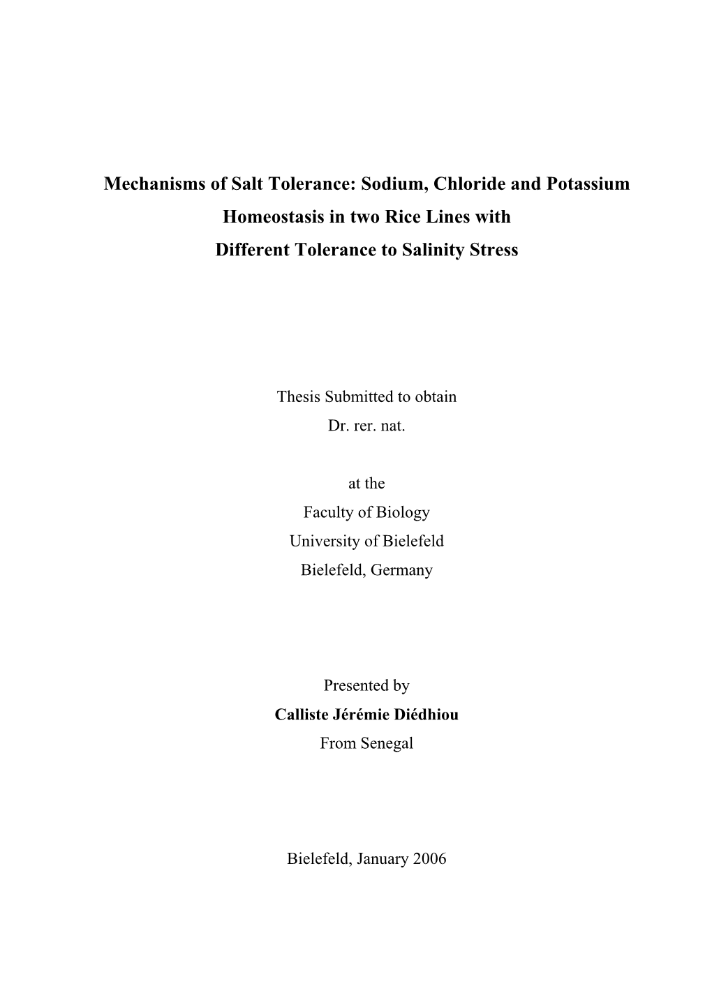 Sodium, Chloride and Potassium Homeostasis in Two Rice Lines with Different Tolerance to Salinity Stress