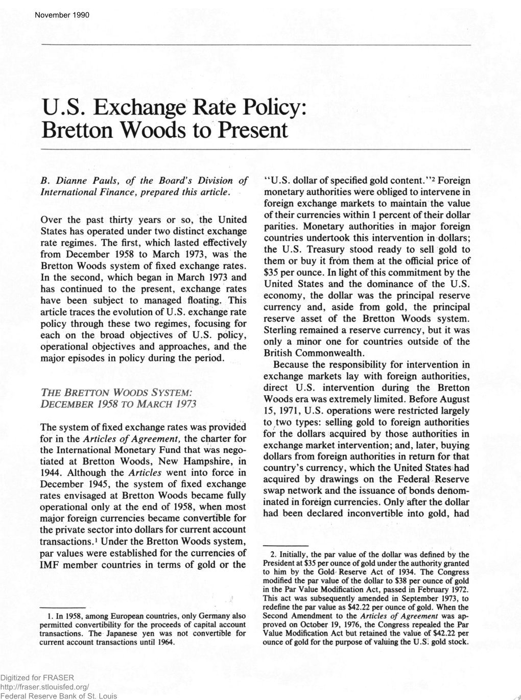 U.S. Exchange Rate Policy: Bretton Woods to Present