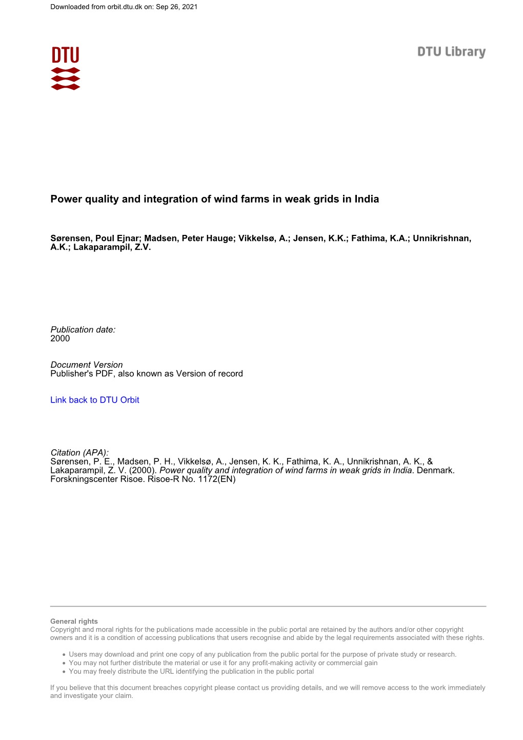 Power Quality and Integration of Wind Farms in Weak Grids in India