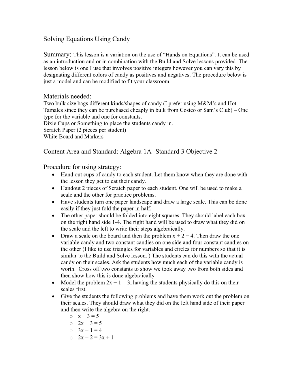 Solving Equations Using Candy