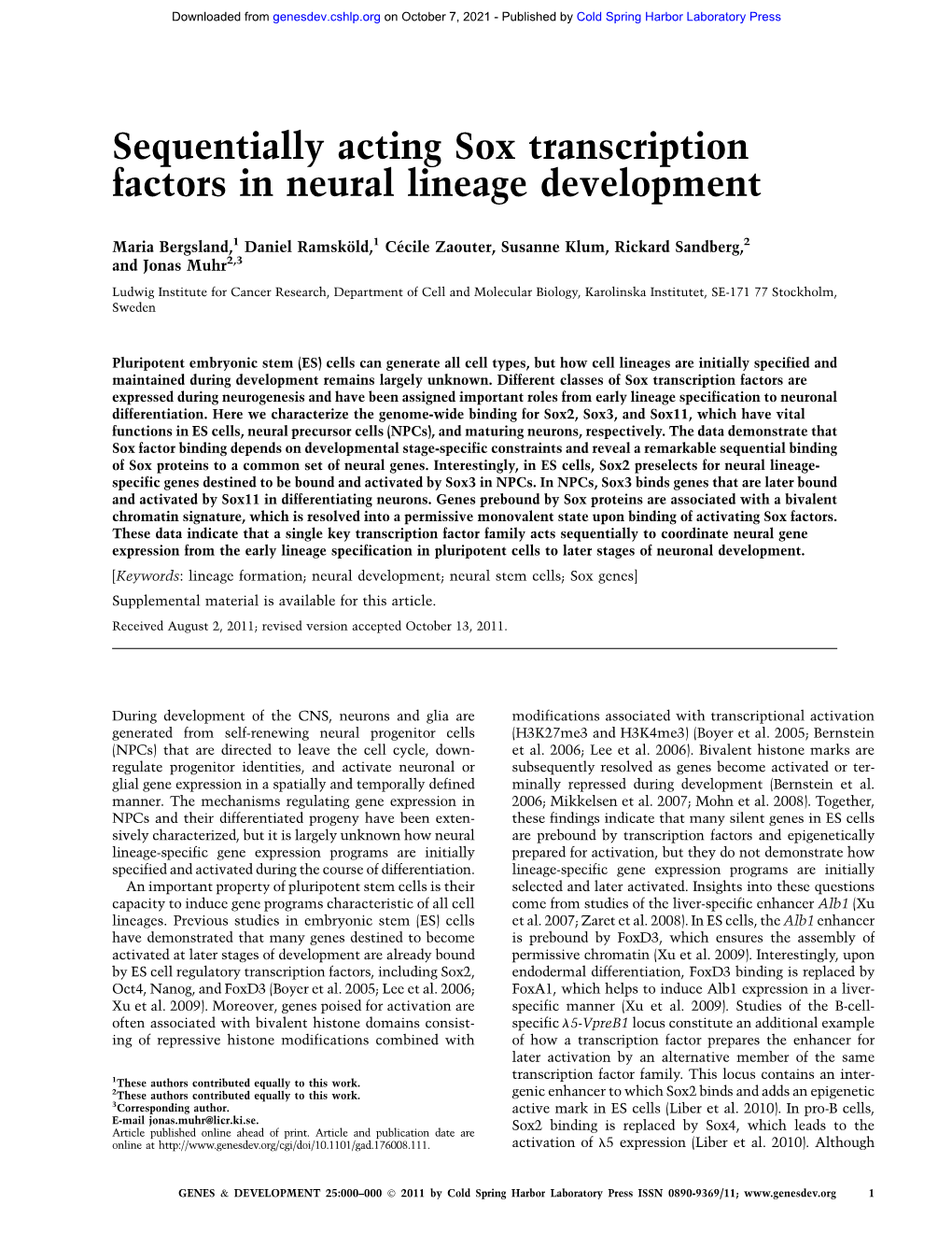 Sequentially Acting Sox Transcription Factors in Neural Lineage Development