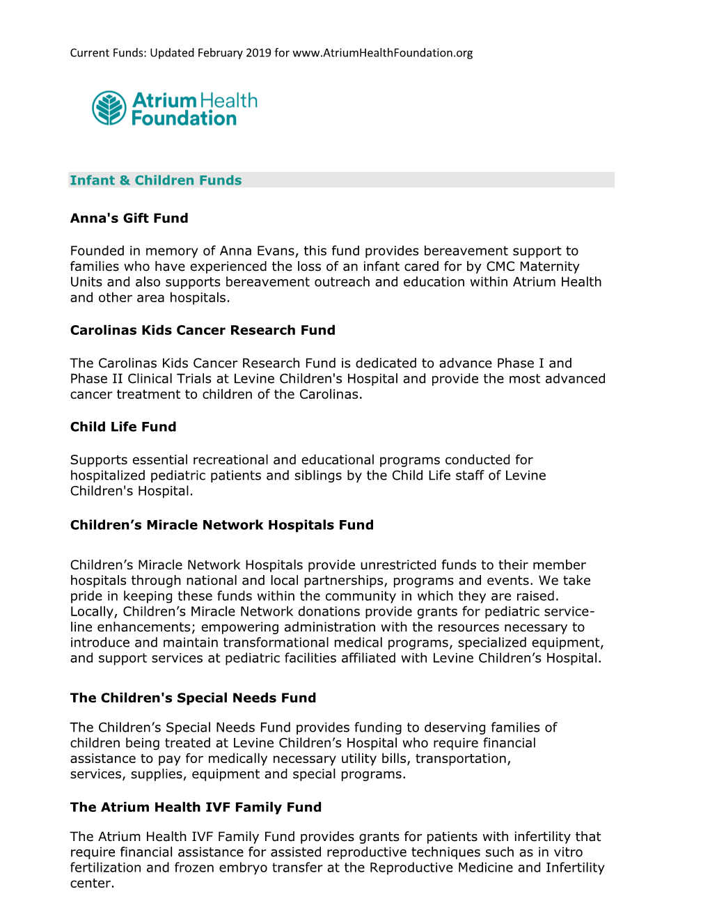 Current Funds: Updated February 2019 For