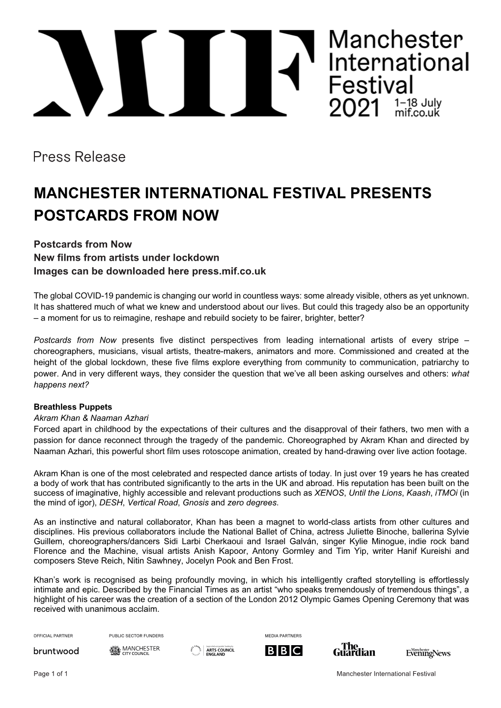 Manchester International Festival Presents Postcards from Now