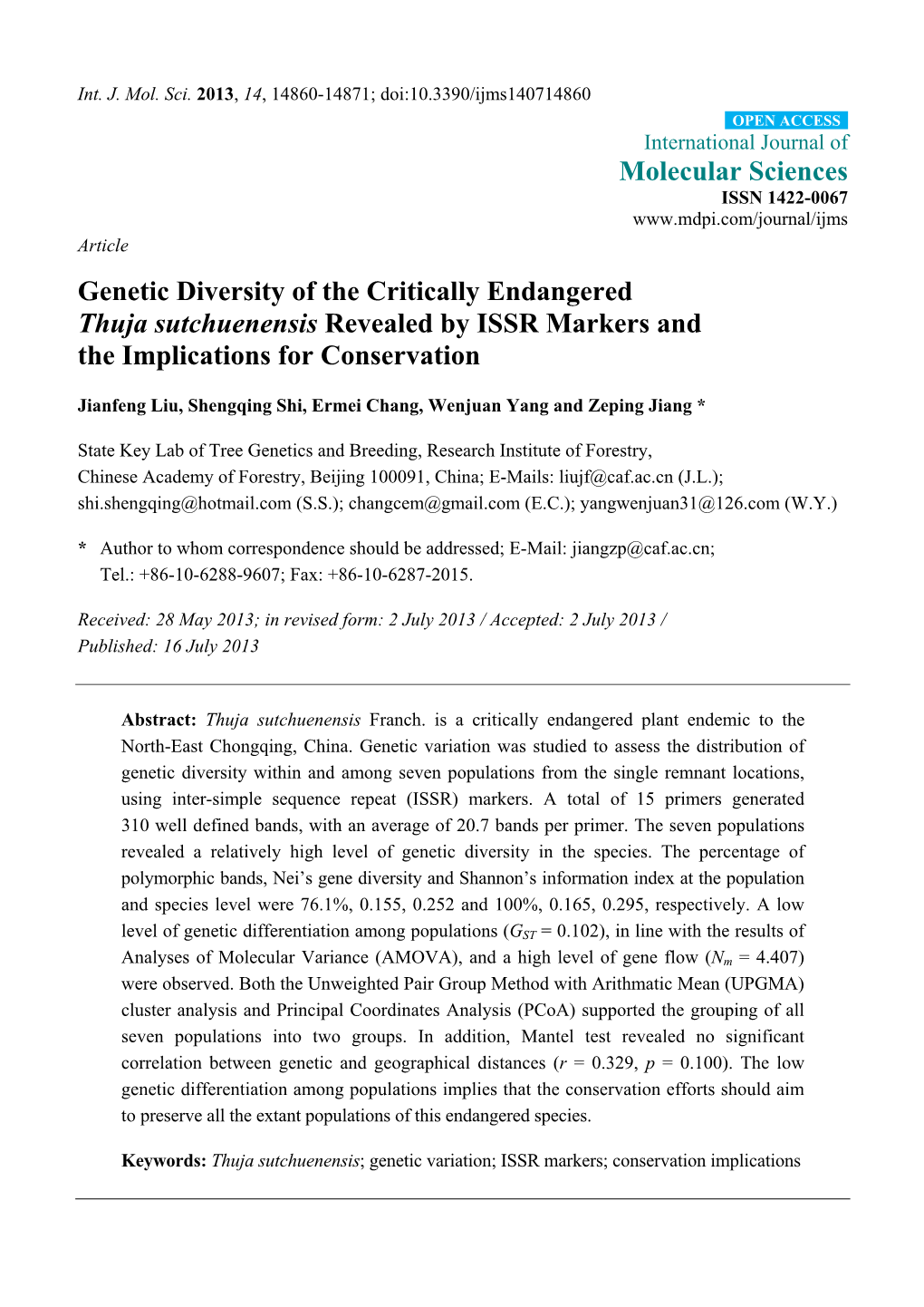 Genetic Diversity of the Critically Endangered Thuja Sutchuenensis Revealed by ISSR Markers and the Implications for Conservation