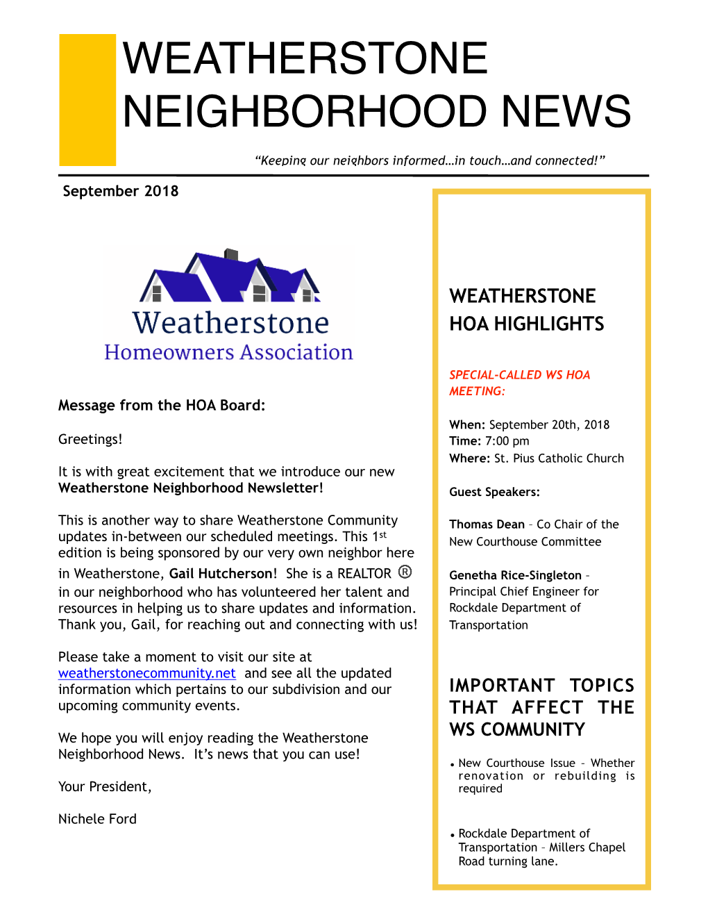 Weatherstone Community Newsletter September 2018