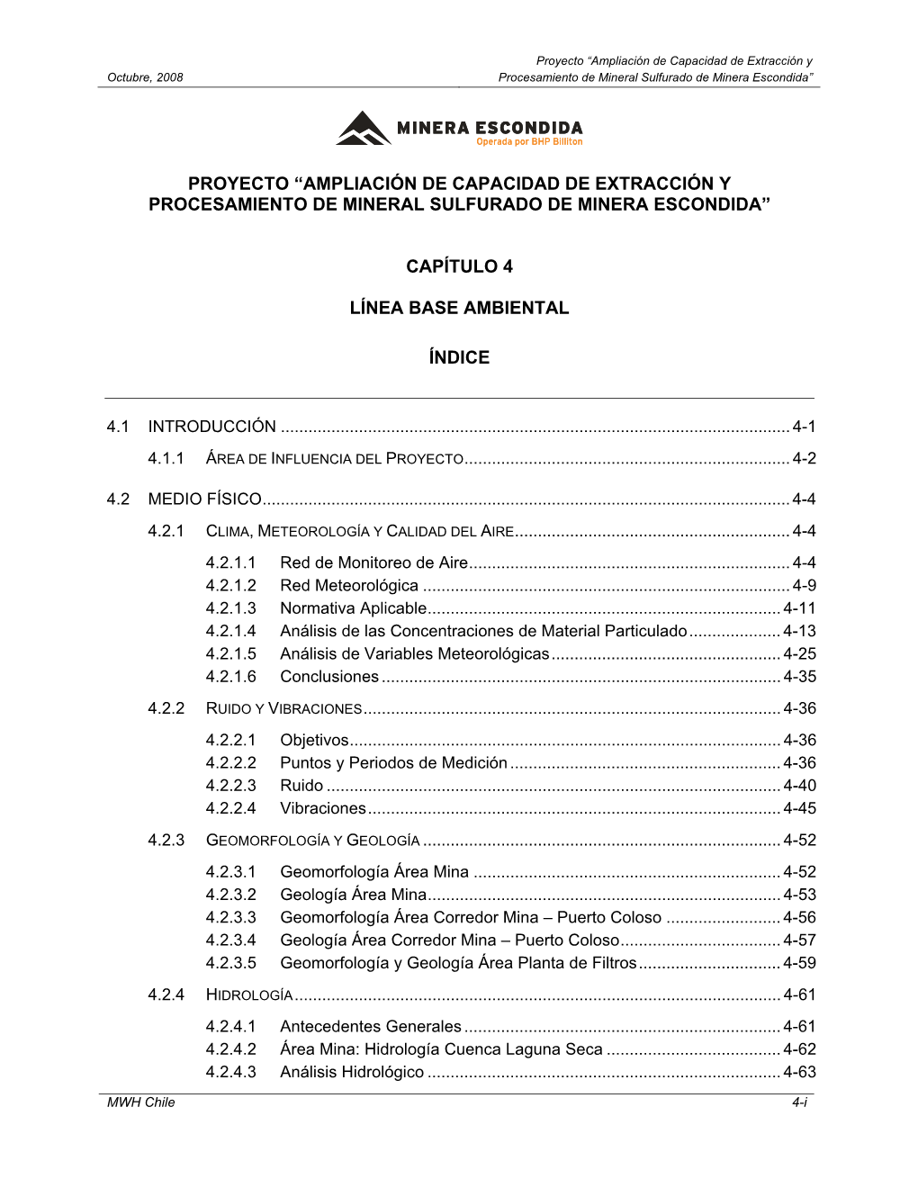 Proyecto “Ampliación De Capacidad De Extracción Y Procesamiento De Mineral Sulfurado De Minera Escondida” Capítulo 4