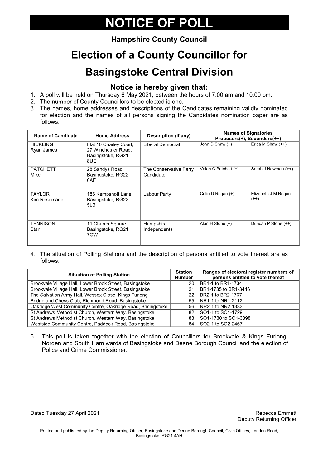 Hampshire County Council Notices of Poll and Situation of Polling Stations