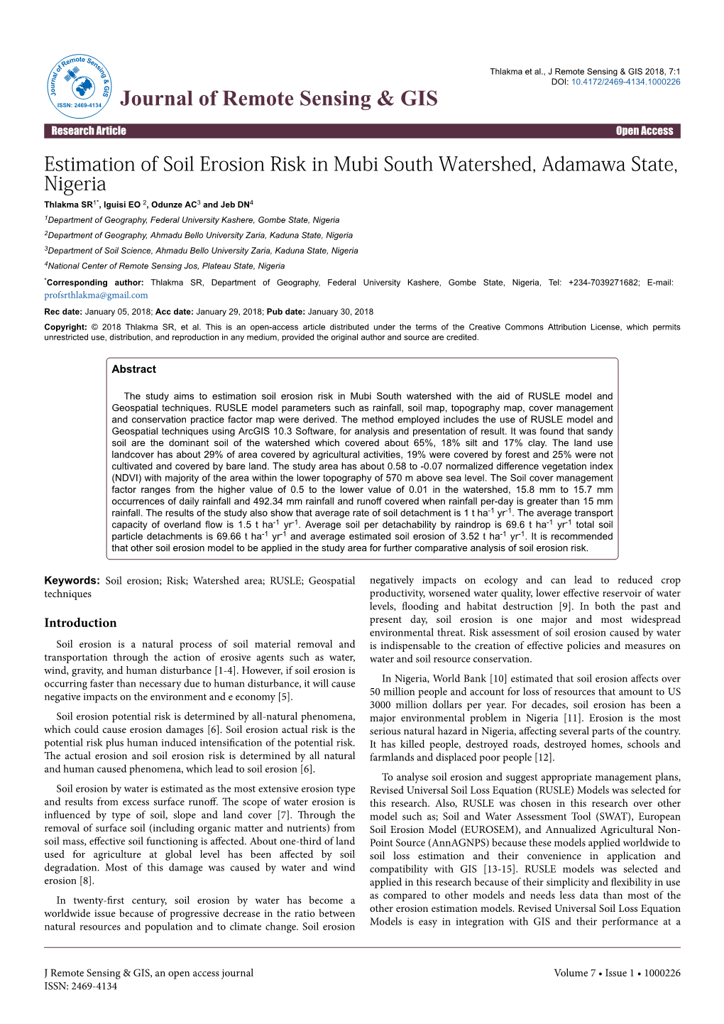 Estimation of Soil Erosion Risk in Mubi South Watershed, Adamawa State