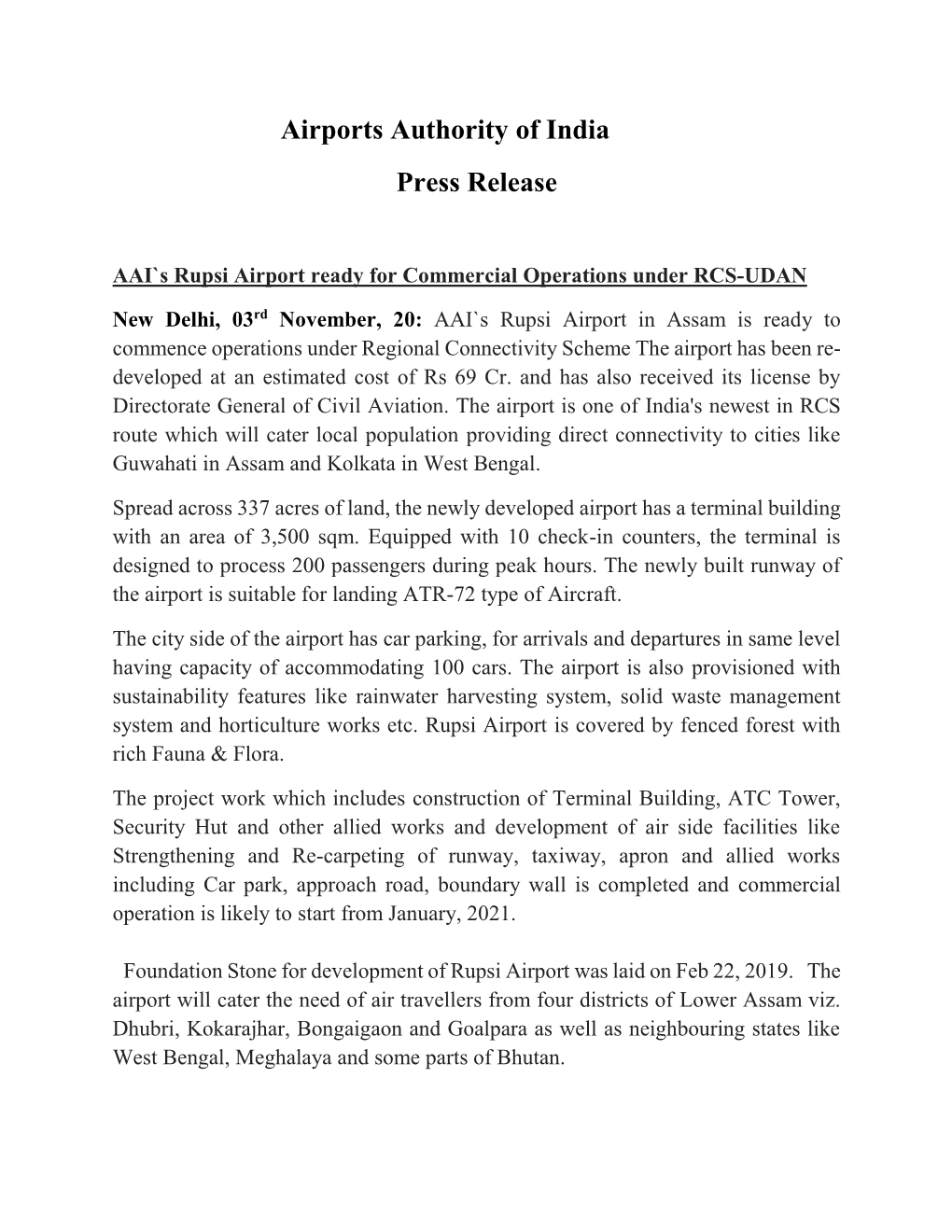 Airports Authority of India Press Release