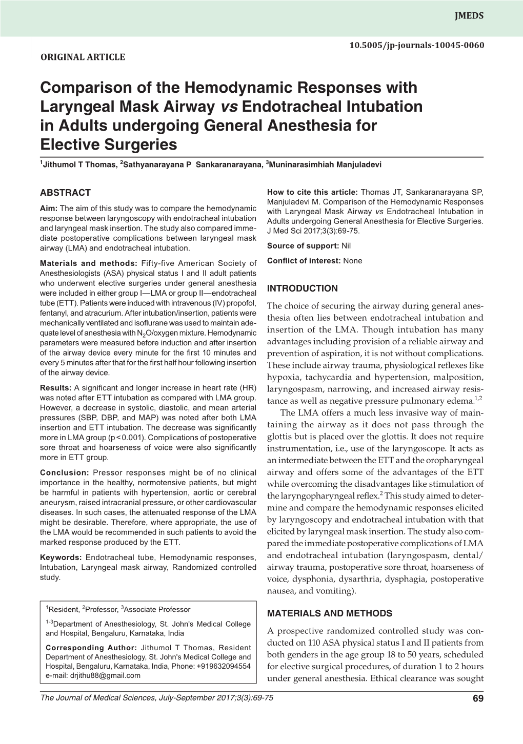 Comparison of the Hemodynamic Responses with Laryngeal Mask Airway Vs Endotracheal Intubation in Adults Undergoing General Anes