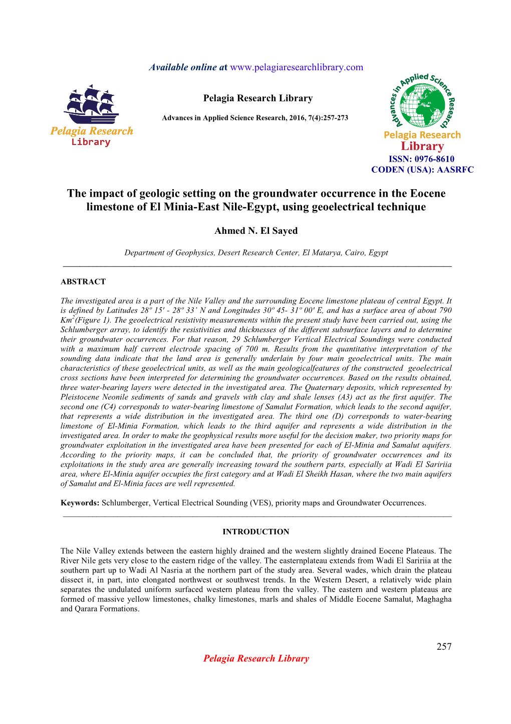 The Impact of Geologic Setting on the Groundwater Occurrence in the Eocene Limestone of El Minia-East Nile-Egypt, Using Geoelectrical Technique