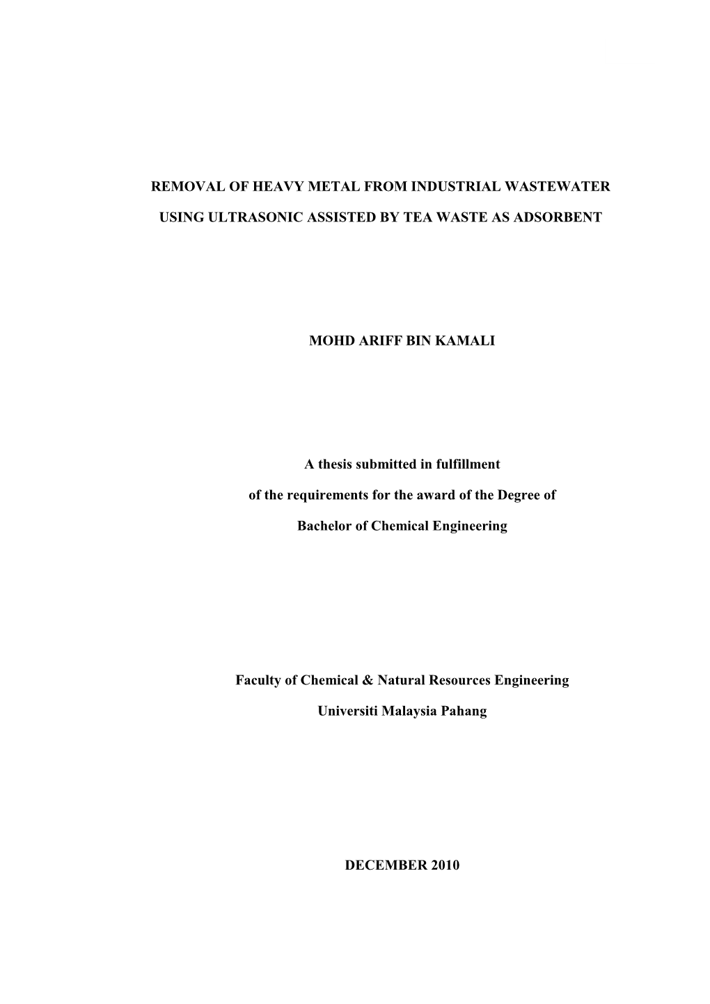 Removal of Heavy Metal from Industrial Wastewater