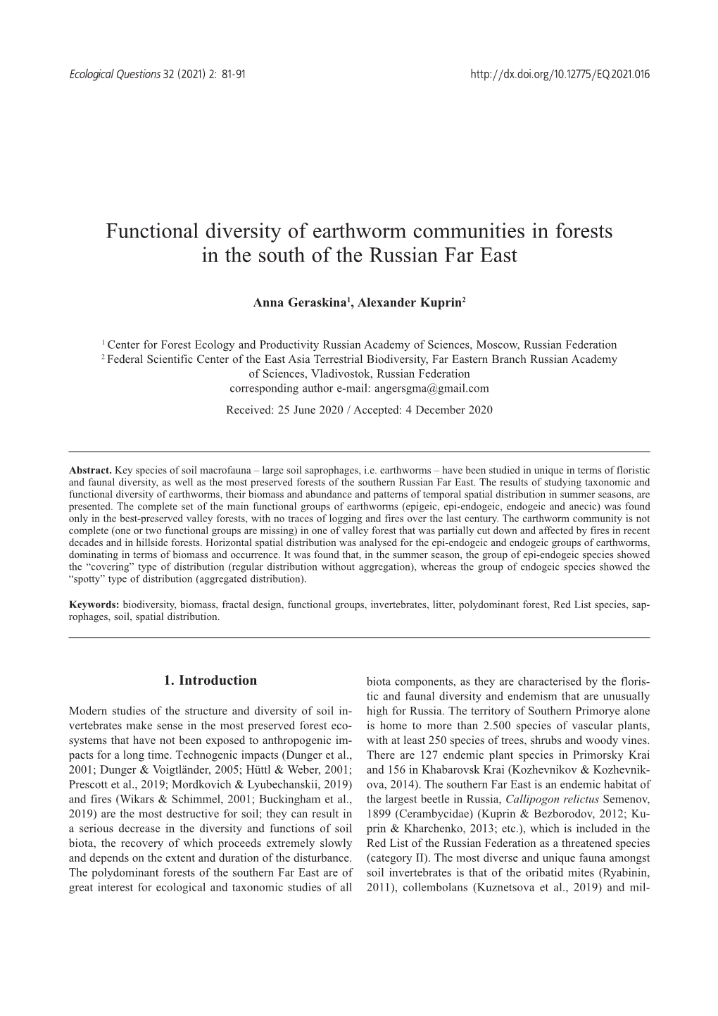 Functional Diversity of Earthworm Communities in Forests in the South of the Russian Far East