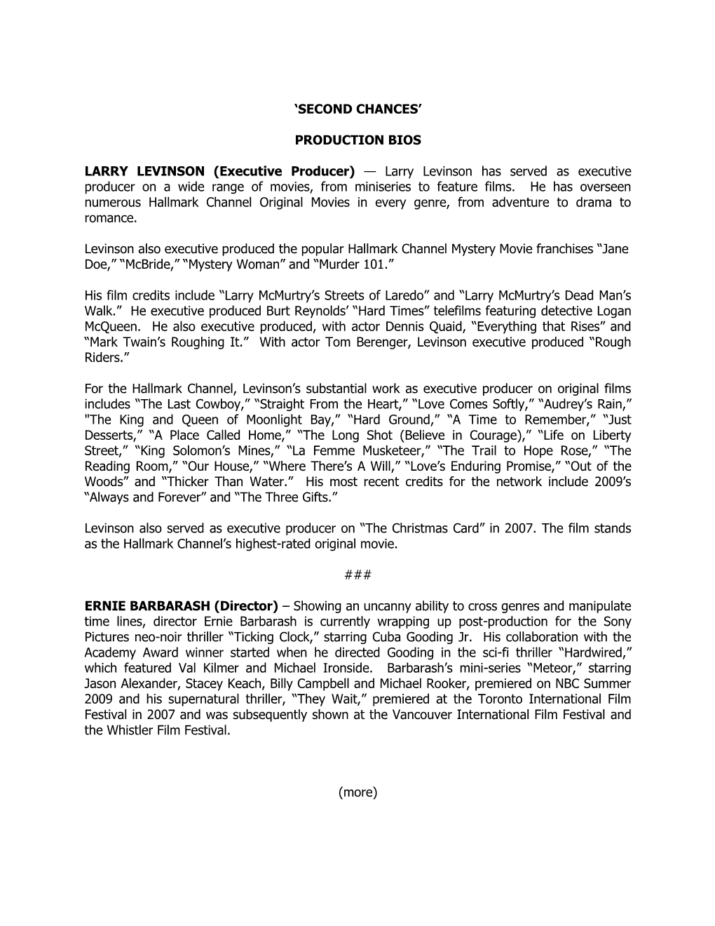 Executive Producer) — Larry Levinson Has Served As Executive Producer on a Wide Range of Movies, from Miniseries to Feature Films