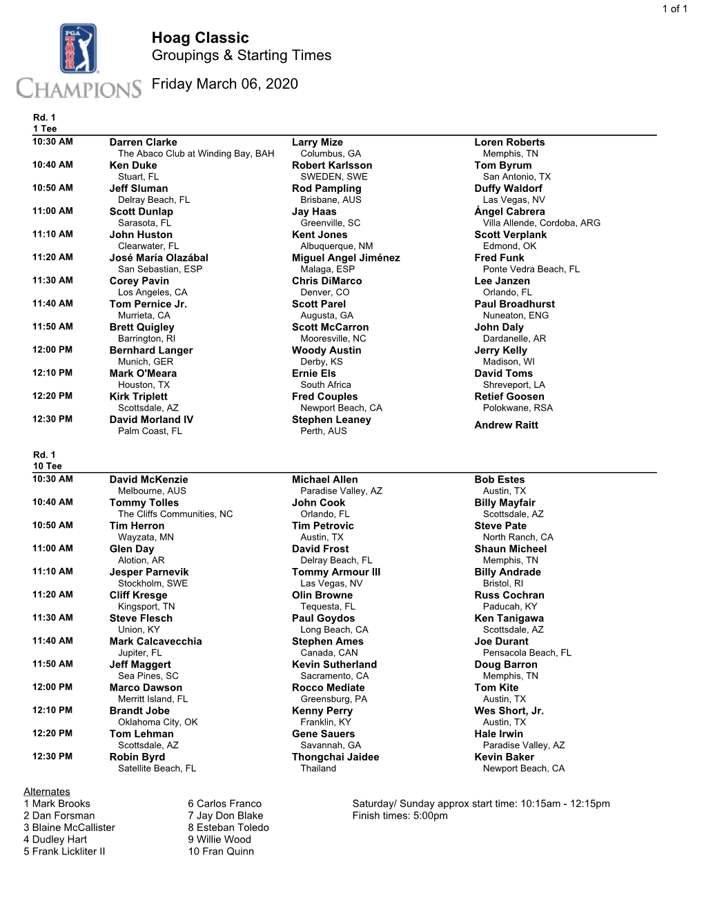 Hoag Classic Groupings & Starting Times Friday March 06, 2020