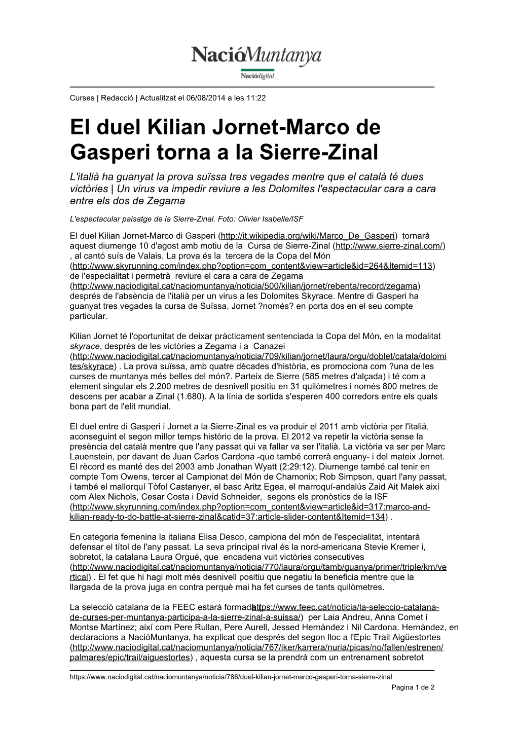El Duel Kilian Jornet-Marco De Gasperi Torna a La Sierre-Zinal