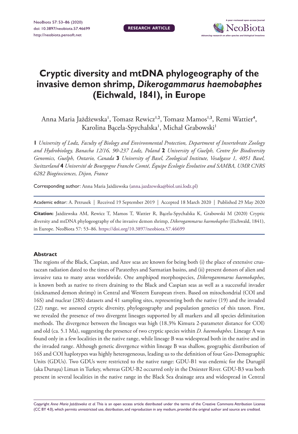 Cryptic Diversity and Mtdna Phylogeography of the Invasive Demon Shrimp, Dikerogammarus Haemobaphes (Eichwald, 1841), in Europe