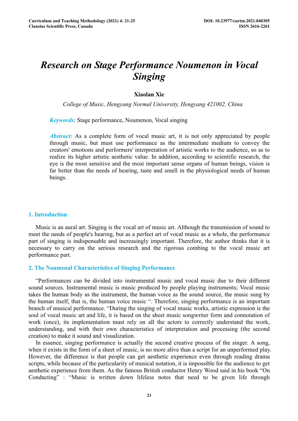 Research on Stage Performance Noumenon in Vocal Singing