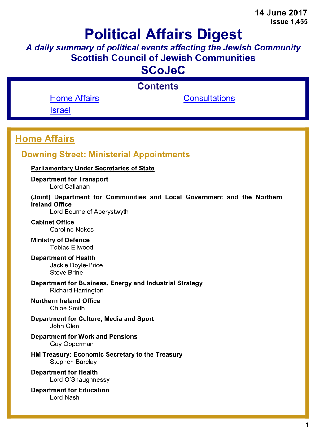 Political Affairs Digest a Daily Summary of Political Events Affecting the Jewish Community Scottish Council of Jewish Communities