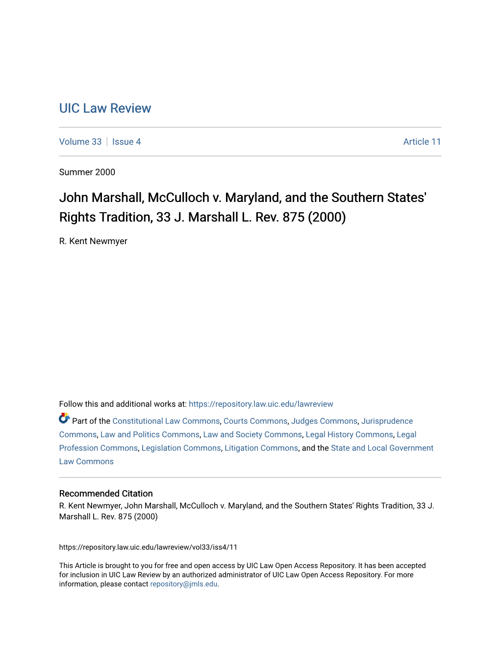 John Marshall, Mcculloch V. Maryland, and the Southern States' Rights Tradition, 33 J