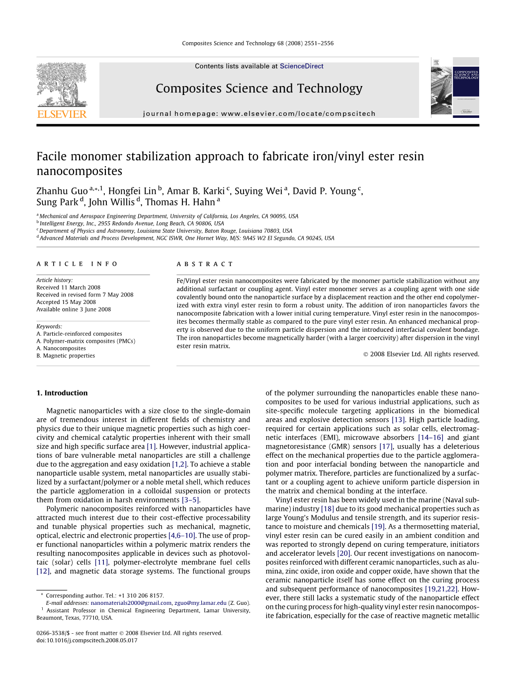 Facile Monomer Stabilization Approach to Fabricate Iron/Vinyl Ester Resin Nanocomposites