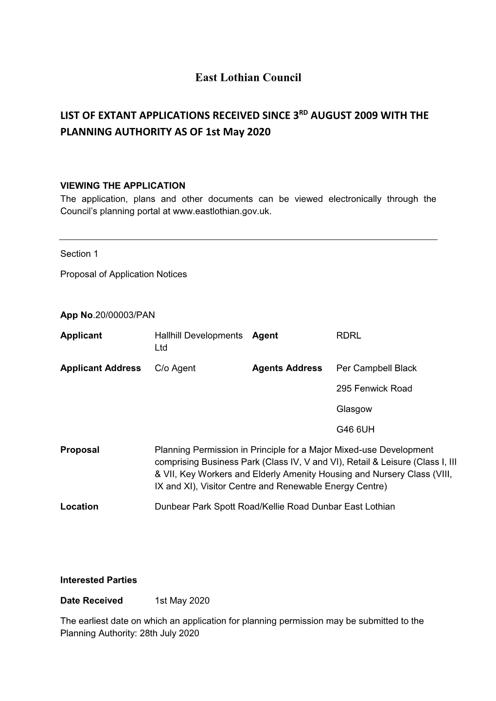 East Lothian Council LIST of EXTANT APPLICATIONS RECEIVED