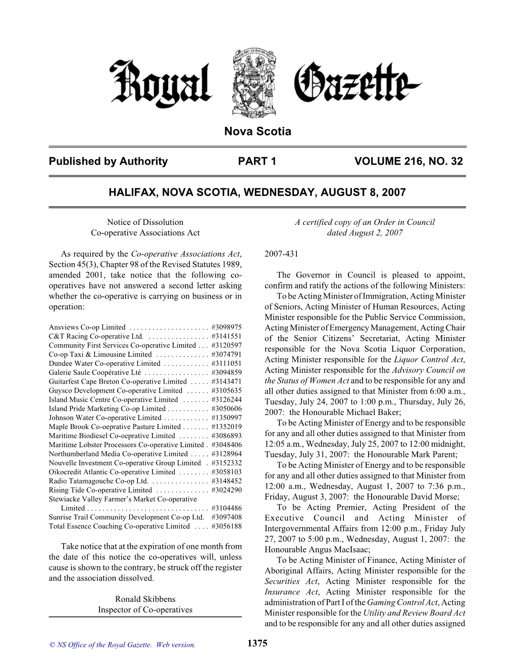 NS Royal Gazette Part I