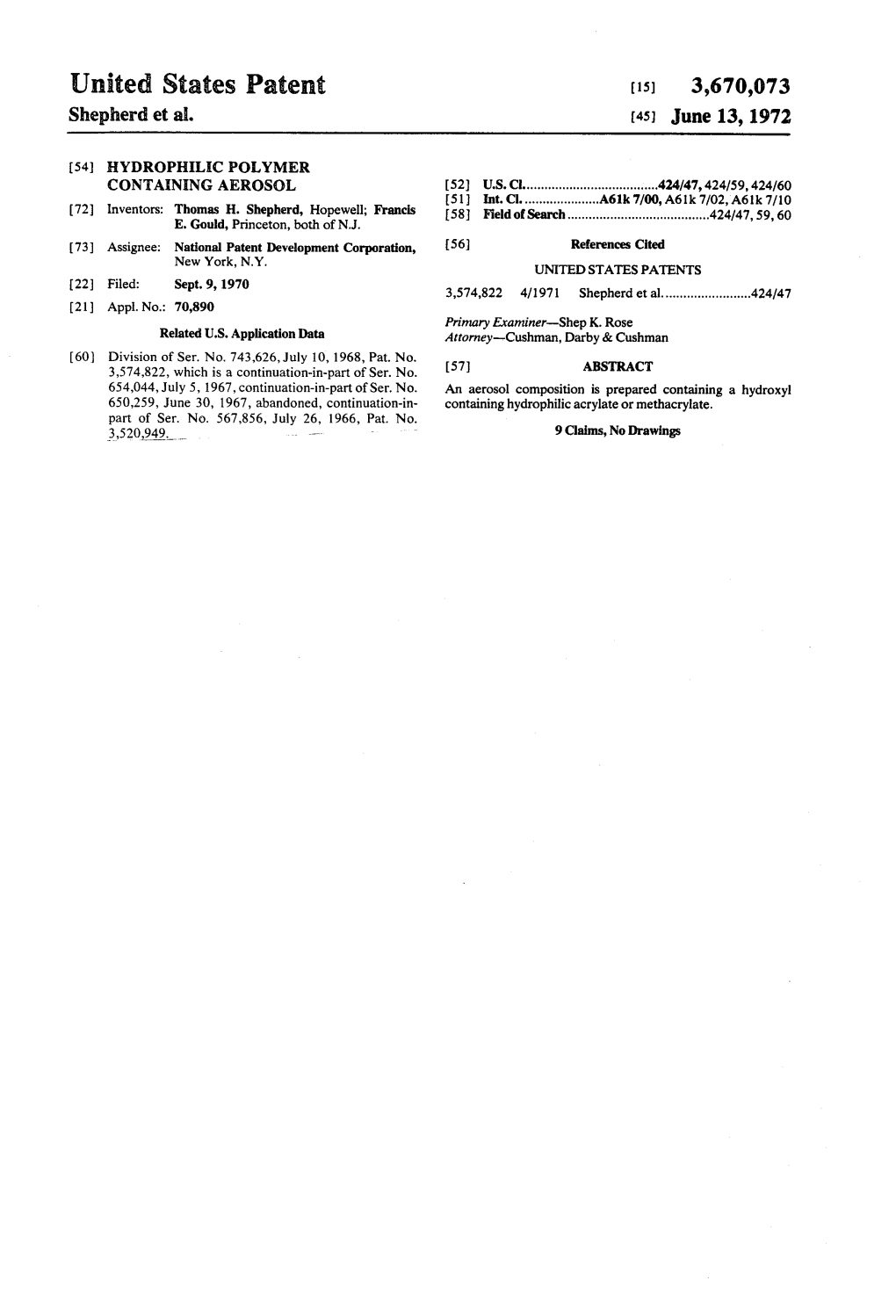 United States Patent (15) 3,670,073 Shepherd Et Al