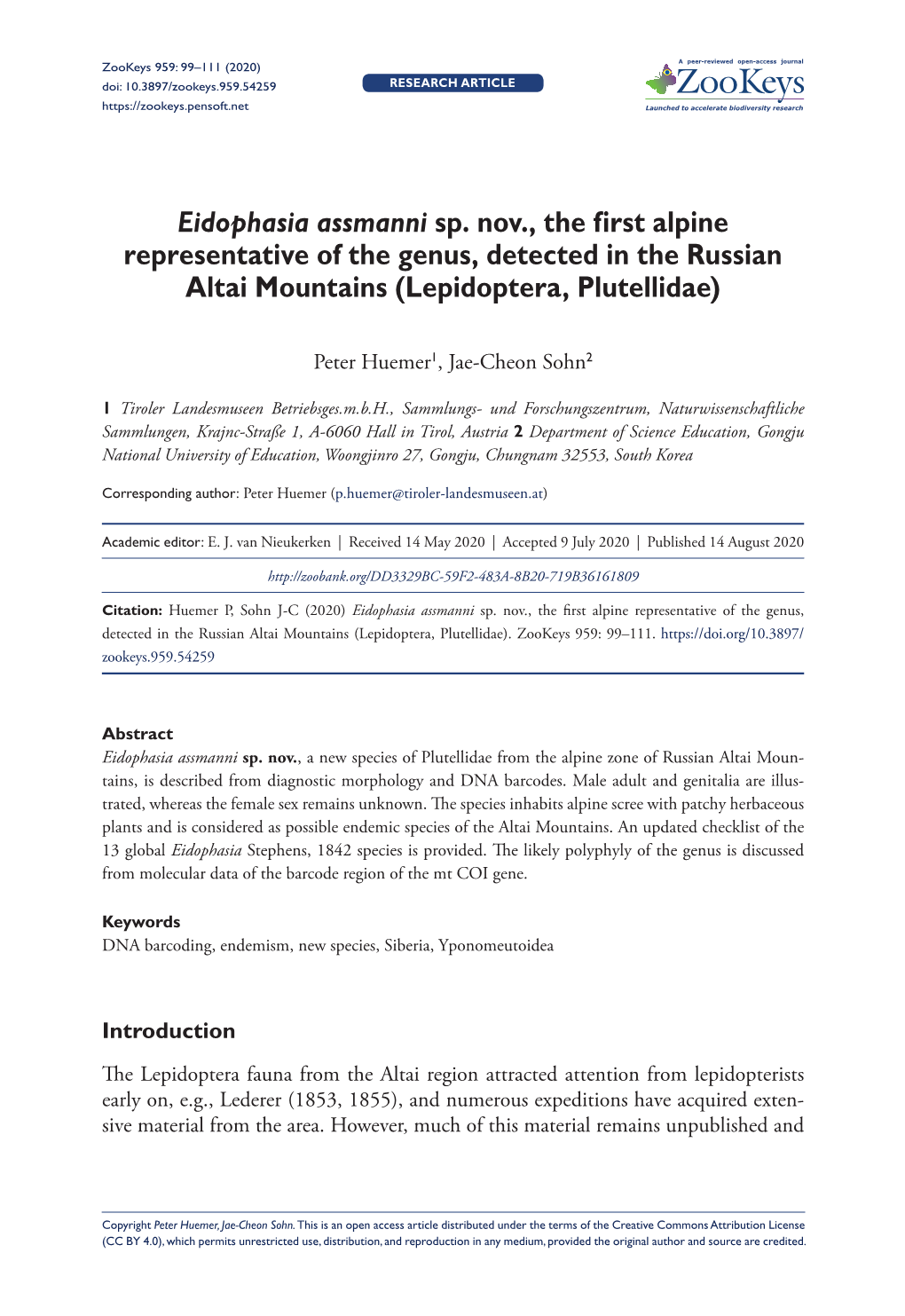 Eidophasia Assmanni Sp. Nov., the First Alpine Representative of the Genus, Detected in the Russian Altai Mountains (Lepidoptera, Plutellidae)