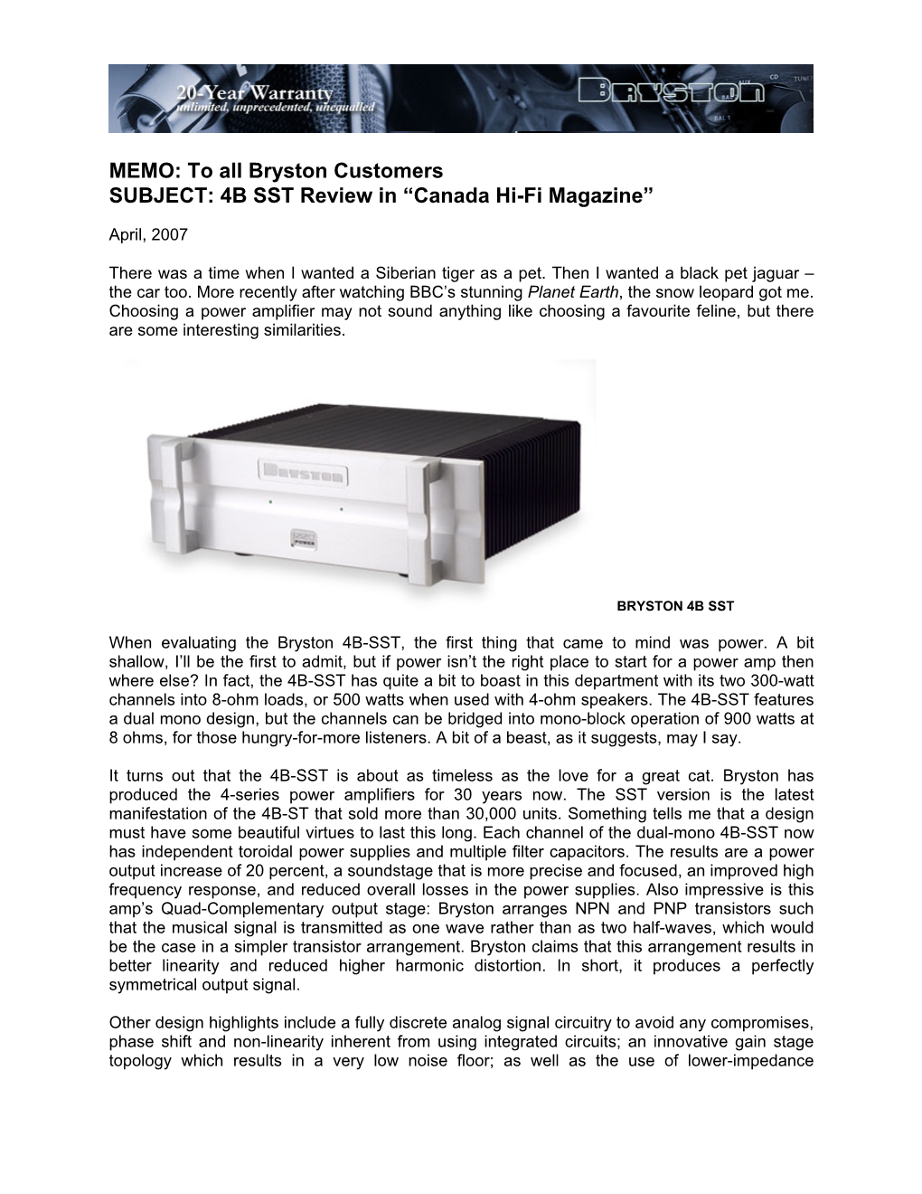 MEMO: to All Bryston Customers SUBJECT: 4B SST Review in “Canada Hi-Fi Magazine”