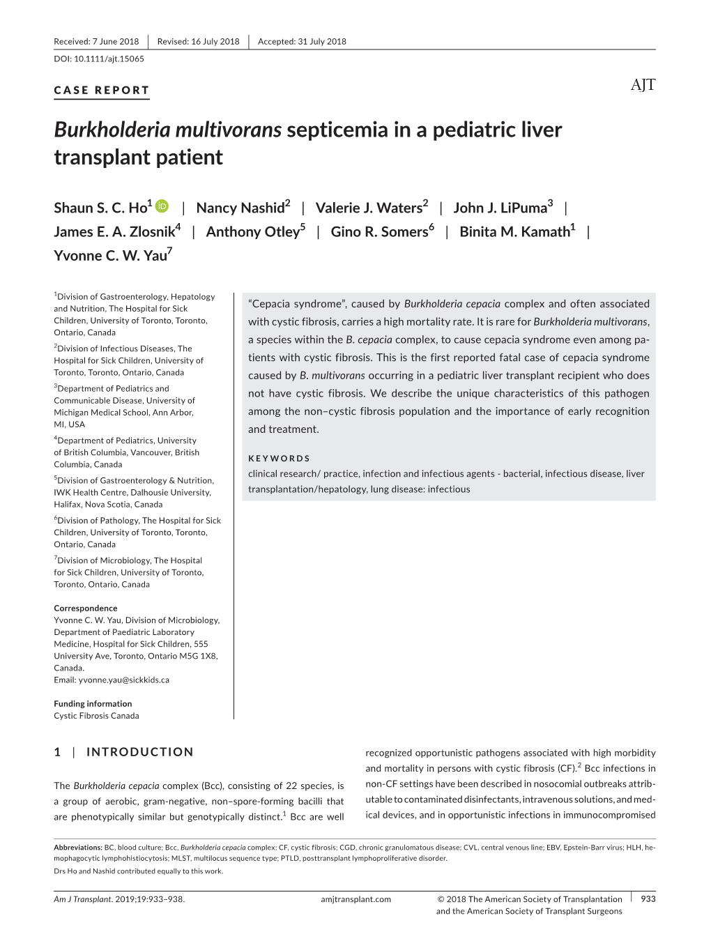 Burkholderia Multivorans Septicemia in a Pediatric Liver Transplant Patient