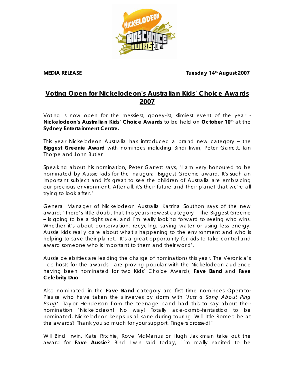 Voting Open for Nickelodeon's Australian Kids' Choice Awards 2007