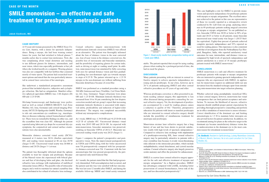 SMILE Monovision – an Effective and Safe Treatment for Presbyopic Ametropic Patients