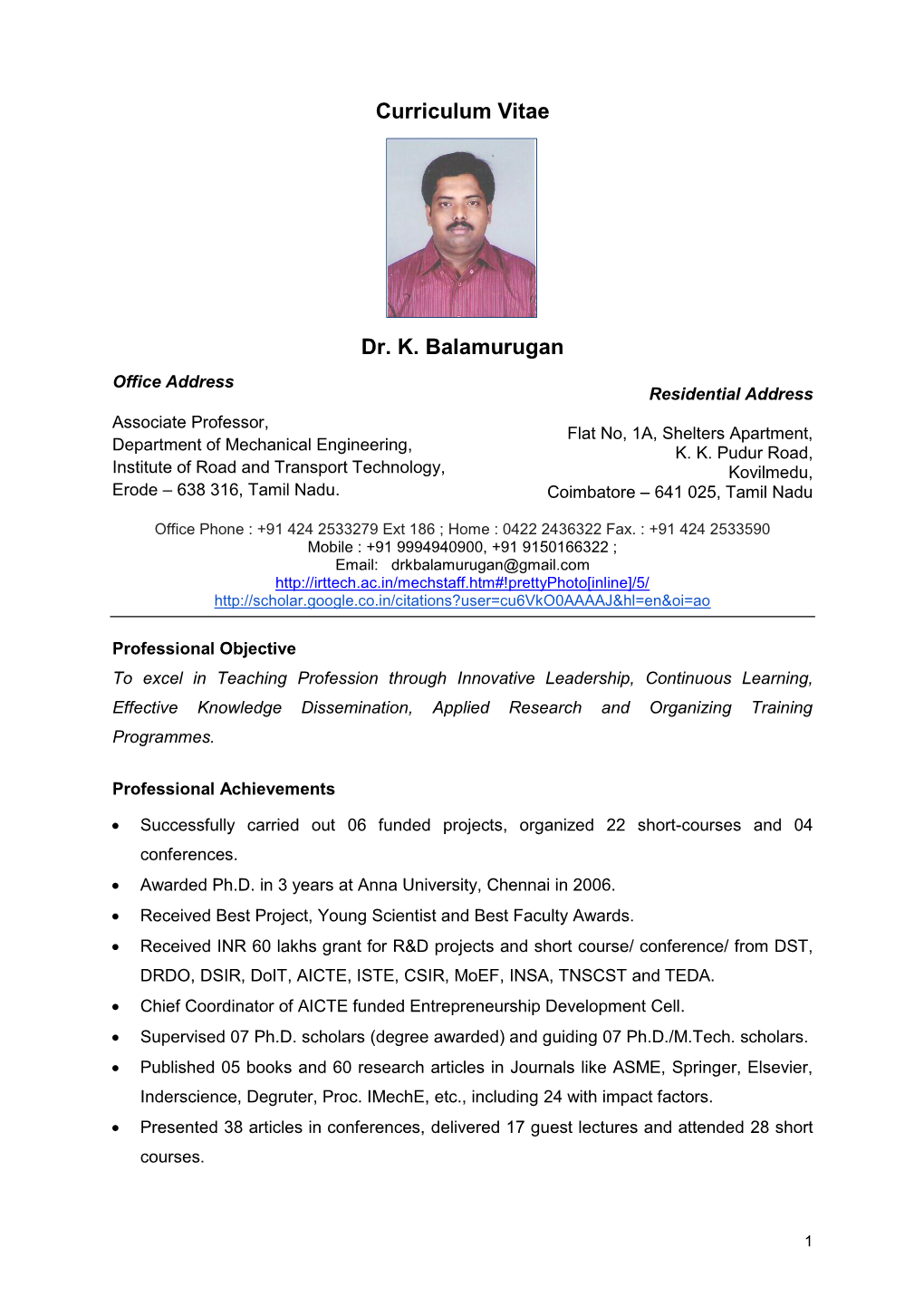 Curriculum Vitae Dr. K. Balamurugan