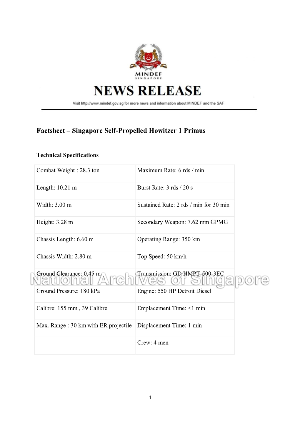 Factsheet – Singapore Self-Propelled Howitzer 1 Primus