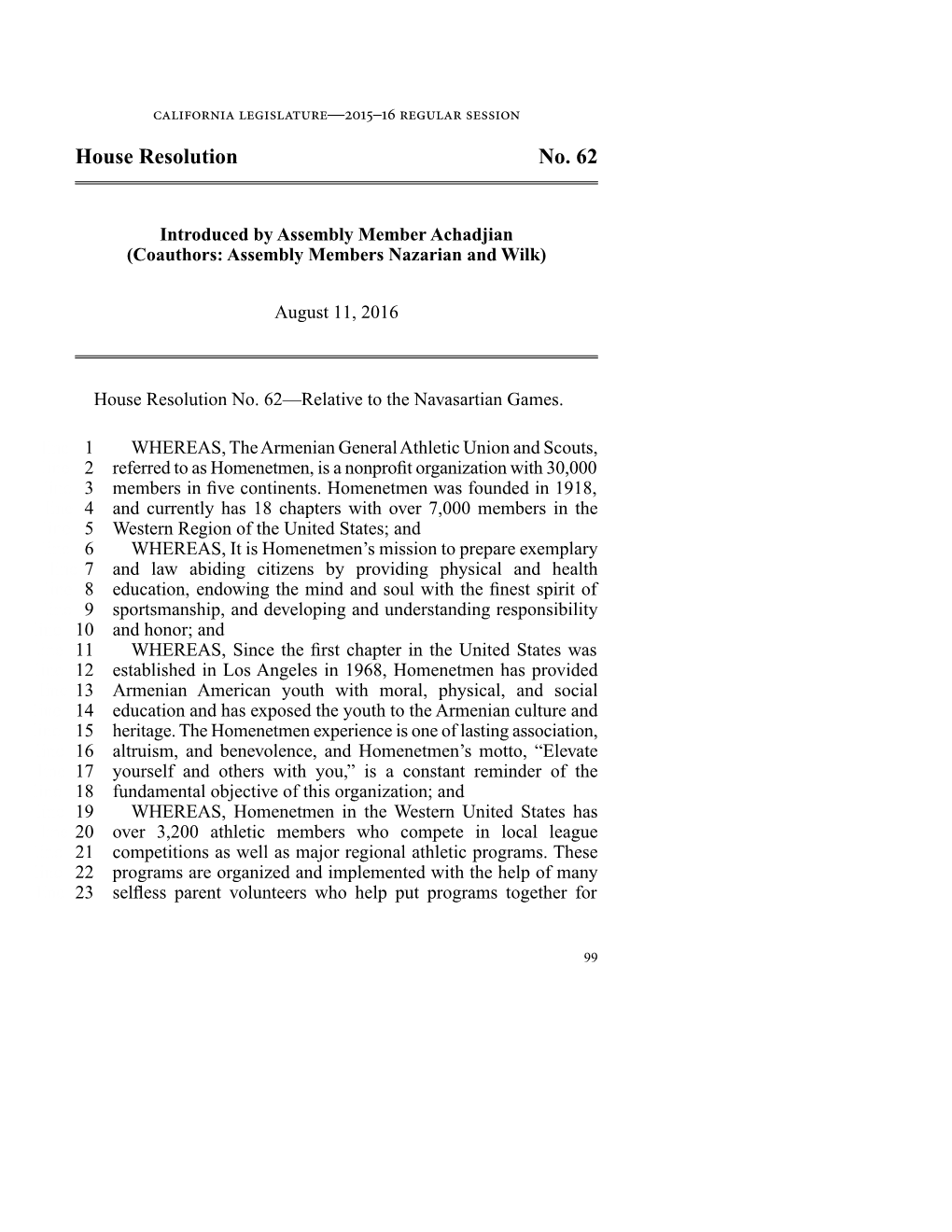 House Resolution No. 62